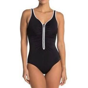 Reebok One-Piece Black and White (Zig Zag) Front Zip Ruched Swimsuit